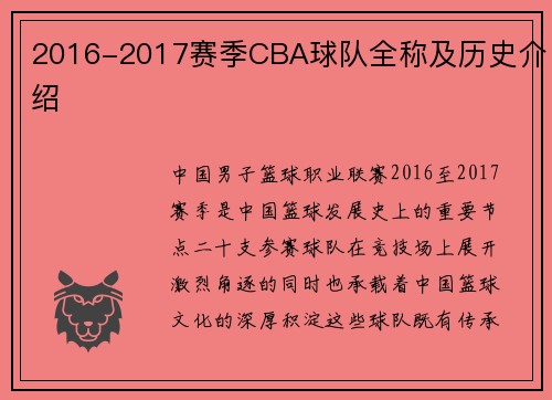 2016-2017赛季CBA球队全称及历史介绍
